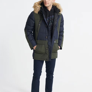 Veste matelassée à capuche pour homme, long manteau d'hiver, style décontracté, coupe-vent, avec empiècements en fourrure, rembourrage en duvet, coque en polyester épais, color block - Product Image 1