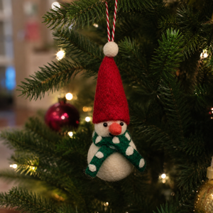 Handmade Felt Snowman Christmas <b>Ornament</b> <b>Red</b> Hat Green Scarf Traditional Holiday Decoration - Product Image 1