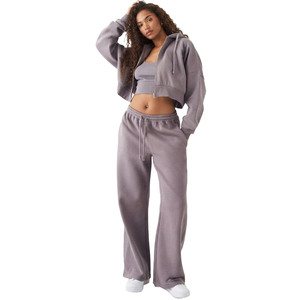Conjunto de Sudadera Corta con Cremallera y Pantalones Deportivos de Pierna Recta para Mujer, de Felpa de Algodón Suave, Chándal Personalizado, Fabricación OEM al por Mayor - Product Image 1