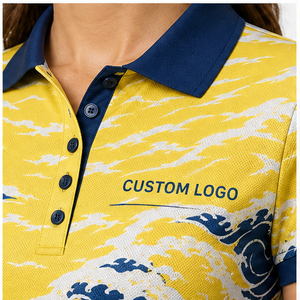 Polo à manches courtes pour femme avec logo personnalisé, motif vague océanique jaune et bleue, séchage rapide, sublimation, vêtements de sport de golf - Product Image 5
