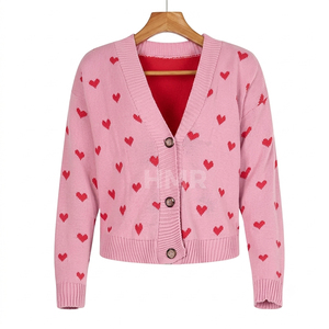 Cárdigan de Punto Acrílico con Estampado de Corazones Rosados de la Hermandad HMR, Manga Larga, Estilo Casual, Largo Regular - Product Image 5