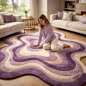 Tapis de salon moderne à motif vague abstrait, forme originale, en laine et acrylique, à poils épais et touffeté - Product Image 1