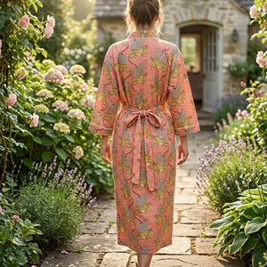 Kimono de Algodón con Diseño Floral de Tigre |   Bata de dormir de manga larga con cuello en V para mujer |   Ropa de Dormir de Alta Calidad con Cordón Ajustable - Product Image 3