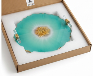 Premium Acme Metal Turquoise <b>Serving</b> <b>Tray</b> With <b>Gold</b> Rim Decorative Round Platter For Home Dining Wedding Events And Restaurant - Product Image 6