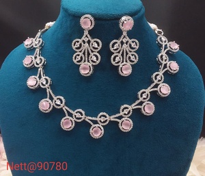 Romantic Silver Plated Alloy Necklace and Earring <b>Set</b> with Pink Crystal Rhinestones Geometric Design for Women Wedding Jewelry - Product Image 2