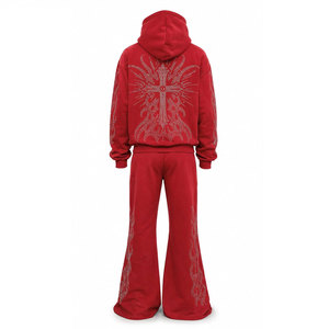 Survêtement rouge à capuche avec imprimé ailes croisées en strass, pantalon de survêtement évasé pleine longueur, fermeture éclair sur le devant, streetwear unisexe, vêtements d'hiver - Product Image 3