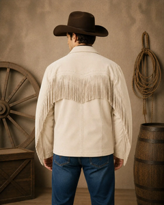 Chaqueta de Cuero Crema para Hombre con Flecos, Cuello Camisero, Corte Regular, para Otoño - Product Image 5