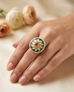 Anillo ajustable con motivos florales, Kundan, Meenakari y perlas para mujer, para bodas, fiestas y ocasiones festivas, anillos de moda, fabricantes de anillos. - Product Image 6