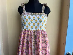 Indian 100% Cotton Floral Flock Print <b>Adjustable</b> Straps <b>Square</b> Collar Floor-Length Dress Pink Yellow - Product Image 5