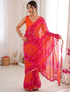 Sari Tradicional Bordado Bandhani de Georgette para Mujer KV con Blusa Reversible de Secado Rápido y Sin Arrugas (Rosa) - Product Image 5