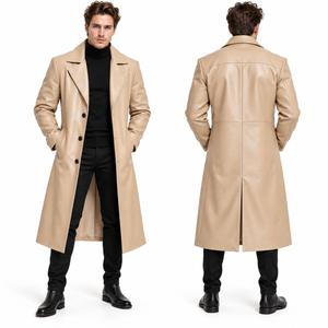 Manteau long en cuir véritable beige pour homme, style trench, col rabattu, simple boutonnage, idéal pour l'hiver – Vente en gros - Product Image 1