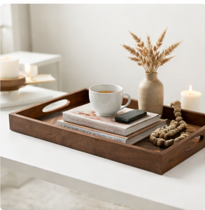 Premium Rectangular Wooden Serving <b>Tray</b> With Cutout Handles Modern Geometric Engraved Design For Coffee Table Decor & <b>Breakfast</b> - Product Image 3