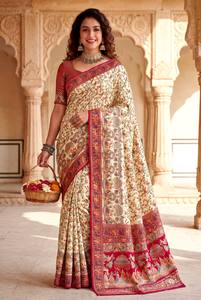 Sari en soie Pashmina Rajwadi, tissage de fils cachemiriens, pallu, bordure Zari lourde, doux, traditionnel, pour mariage et fêtes - Product Image 5