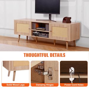 Metà del secolo moderno 65 pollici supporto TV Boho Rattan & rovere porta USB porta porta regolabile per sala multimediale soggiorno - Product Image 6