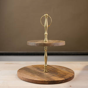 Elegante Soporte de Madera de 2 Niveles Hecho a Mano y Ecológico para Pasteles con Detalles Metálicos Dorados para Fiestas, Buffets y Decoración Moderna del Hogar - Product Image 2