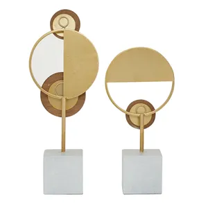 Ensemble de sculptures géométriques modernes 2 pièces en laiton avec base en bois et marbre, décoration artistique de table, design minimaliste, décoration de salon - Product Image 2
