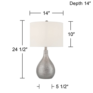 Sleek design Hammered Silver <b>Table</b> Lamp Set of 2 Luxury Textured Metal Base White Fabric Shade Elegant <b>Bedside</b> Nightstand Light - Product Image 1