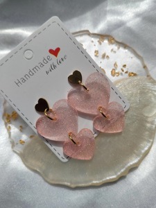 Handmade <b>Pink</b> Glitter Heart Earrings With Gold Hoop Studs Fashionable Valentine'S Day <b>Gift</b> - Product Image 5