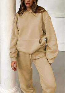 Womens Beige <b>Hoodie</b> And Matching Joggers Set Premium Heavyweight Fleece Pullover Loungewear Two Piece Outfit - Product Image 3