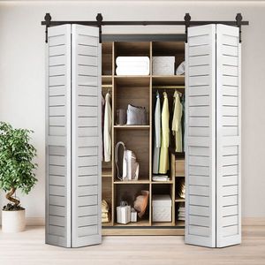 80\" Bi-Folding Black Sliding Barn Door Hardware Kit with J Shape Roller Quiet Smooth Operation [Doors Not Included] - Product Image 1