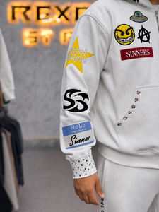 Sweat à capuche court streetwear en coton épais, brodé patchwork, effet vieilli, personnalisé, zippé pour homme - Product Image 3