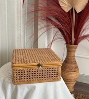 Caixa de Armazenamento de Rattan Natural com Tampa, Adequada para Organização de Quarto, Sala de Estar e Escritório, Uso Multifuncional