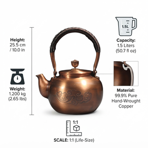 Théière traditionnelle en cuivre pur à motif nuage gaufré, avec poignée en rotin, pour faire bouillir l'eau, fabrication vintage - Product Image 5