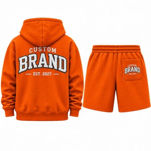 Custom Brand <b>Men's</b> <b>Hoodie</b> <b>Shorts</b> <b>Set</b> Orange Cotton Fleece Casual Wear Autumn Sweatshirt Outfit Printed Logo Front <b>short</b> <b>set</b> - Product Image 3