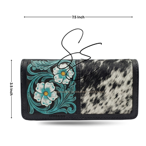 Cartera larga de cuero genuino con textura de pelo para mujer, tarjetero delgado con cierre abierto, estilo occidental, color turquesa - Product Image 3