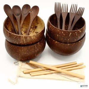 Ensemble de bols en coquille de noix de coco faits à la main avec ustensiles en bois - Vaisselle écologique en gros - Product Image 1
