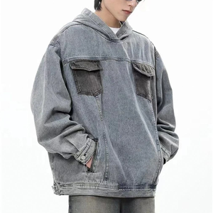 เสื้อแจ็คเก็ตฮู้ดดี้ยีนส์สีน้ำเงินฟอกสไตล์วินเทจสำหรับผู้ชาย พิมพ์ลายสก็อตบุขนแกะ ทรงปกติ สกรีนโลโก้ได้ สไตล์สตรีทแวร์ - Product Image 5