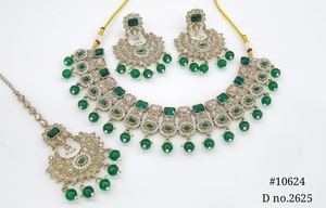 Ensemble collier et boucles d'oreilles Mehendi 10624 en laiton Polki Kundan, aspect émeraude, cadeau de mariage pakistanais pour femmes - Product Image 4