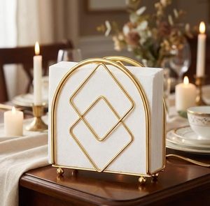 Porte-serviettes en métal doré, design géométrique en fil métallique, support à mouchoirs sur pied, organisateur de table décoratif - Product Image 2