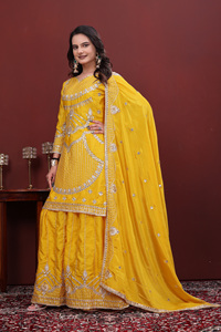 Premium chinon silk suit set with sequence embroidery work <b>top</b> palazzo and dupatta designer festive wear ethnic party outfit - Product Image 3