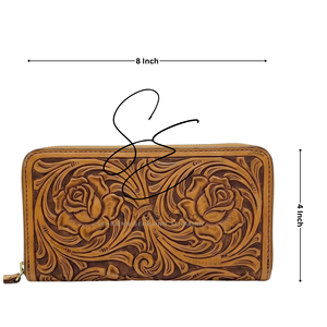 Handcrafted Tooled Leather Cowhide Zip Closure <b>RFID</b> <b>Wallet</b> Custom Floral Carved Leather Long Clutch Real Hair-On Cowhide Back - Product Image 3