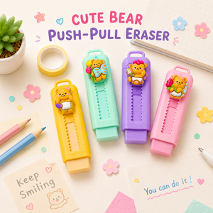 <b>Cute</b> <b>Bear</b> Pencil Push Pull Eraser Set | Colorful Plastic 3D Cartoon Retractable | Kids School Stationery Supply - Product Image 2