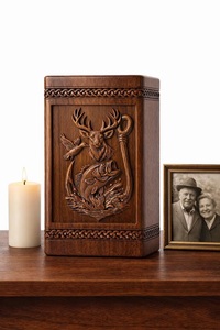 Hand Carved Wooden Cremation Urn for Pet Deer Fish Hunting Theme Eco-Friendly <b>Memorial</b> <b>Box</b> - Product Image 2