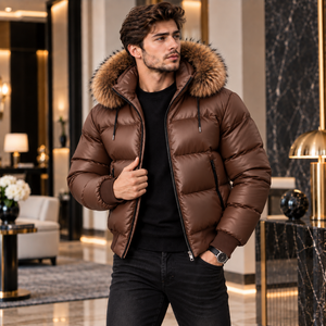 Men's Breathable Plaid Pattern Puffer Jacket Hooded Leather | Giacca Trapuntata Uomo | Chaqueta Acolchada | Veste <b>Matelasse</b> | - Product Image 1