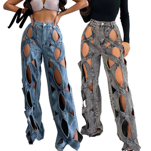 High Waist Wide Leg Denim Pants Women Plus Size Hollow Out Stonewashed Sexy Club Style Full Length Jeans Summer Fashion - Product Image 1