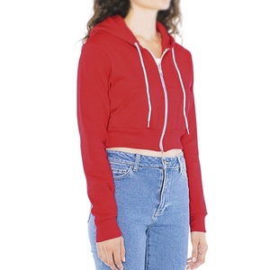 Women <b>Red</b> Hooded Crop Sweatshirt Long Sleeve Solid Color Zipper Front Casual Streetwear Style - Product Image 2
