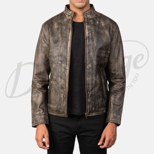 Veste en cuir véritable marron vieilli vintage pour homme, col montant classique, coupe ajustée, style streetwear décontracté - Product Image 5
