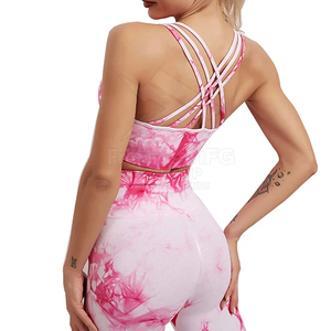 Women Yoga Set Tie Dye Pink White High Waist <b>Leggings</b> Square Neck Non-Convertible Straps <b>Crop</b> Top 2 Piece Spandex Polyester - Product Image 3