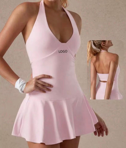 Custom Logo Halter <b>Neck</b> Tennis Dress Quick Dry Workout Skort Dress <b>Padded</b> Activewear for Yoga Pilates - Product Image 2