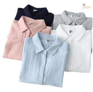 Blusa Casual de Manga Larga para Mujer, de Poliéster/Algodón, Transpirable, Tejida, Estilo Veraniego, Simple, Vintage, Lisa, con Botones al Frente - Product Image 1