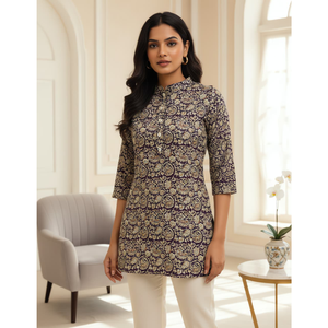 Chemisiers courts Kalamkari pour femmes, vêtements traditionnels indiens, pur coton Cemric, tissu naturel, imprimé en feuille, vêtements de fête, mode ethnique - Product Image 1