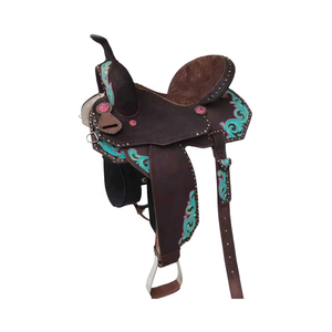 Selle de cheval en cuir véritable turquoise et rose, selle de cheval occidentale portable, selle de dressage occidentale pour chevaux - Product Image 1