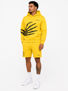 Conjunto de Sudadera con Capucha y Pantalones Cortos Amarillos para Hombre 4FORCE, Diseño de Mano de Esqueleto Estampado en Felpa, Ropa Casual de Verano - Product Image 1