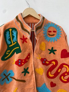 Veste bohème en velours corail brodée à la main avec motif serpent, col montant, manches longues, vêtements d'extérieur pour femmes, veste de printemps - Product Image 2