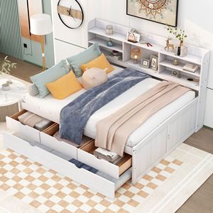 Cama capitán de madera tamaño matrimonial en acabado blanco con estanterías integradas y cama nido con tres cajones de almacenamiento - Product Image 1