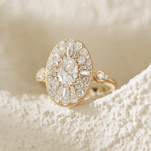 Bague en or véritable avec diamant de laboratoire certifié IGI 0,75 carat VVS1, style mosaïque boutique, diamant ovale multi-pierres, halo artisanal - Product Image 5